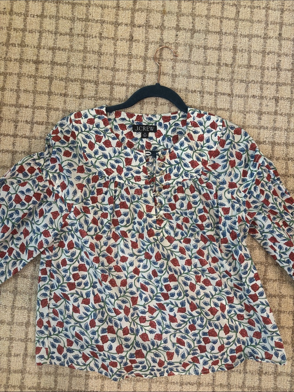 J. Crew Ivory Blouse with Red & Blue Botanical Print